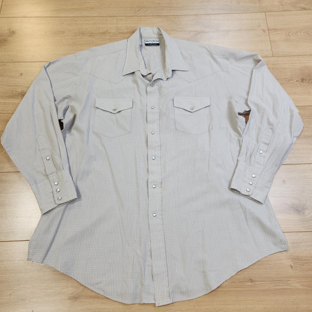 Vintage Karman Western Shirt Mens XL Beige Check Long Sleeve Pearl Snap